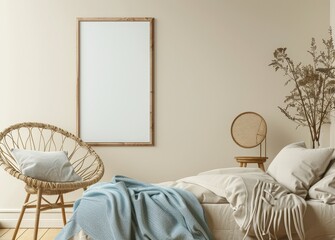 Minimalist bedroom interior with a wooden frame mockup. a wicker chair. a blue blanket. and a white bedding