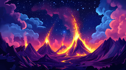 Fiery volcanic eruption with molten lava fountains against a backdrop of a starry night sky and ash clouds. Eruption. Illustration