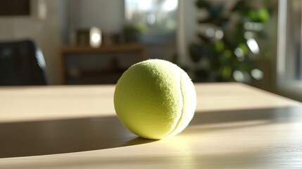 A single tennis ball rests on a light wooden table in a sunlit room.