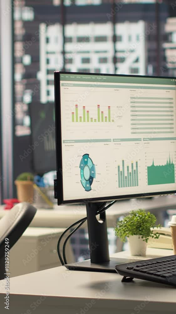 Poster vertical video empty business workplace equipped with modern tech tools to serve an enterprise, work