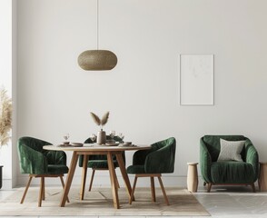 Minimalist dining room with a round wooden table. four green velvet chairs. a rattan pendant light. a green velvet armchair. a side table. and a blank wall
