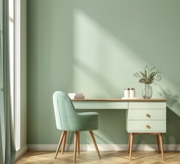 Minimalist home office with green desk and chair against a light green wall with sunlight streaming in