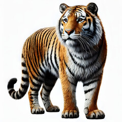 Tiger isolated on a white background, Side view, tiger standing full HD image generated by Ai. full body, realistic, full detail looking at the camera.