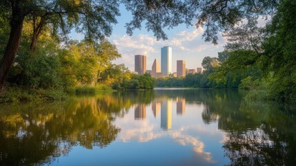 Obraz premium Tranquil River Reflection with City Skyline in Background