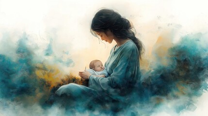 Fototapeta premium Mary gently cradles baby Jesus in soft muted watercolor scene. Ethereal hues create dreamy abstract background. Quiet tenderness, peaceful love emphasized. Nativity scene with misty atmospheric