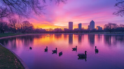 Obraz premium Serene Sunset Over City Lake with Geese Silhouetted in Water