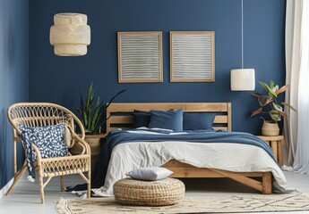 A cozy bedroom with a wicker chair. wooden bed frame. and blue bedding
