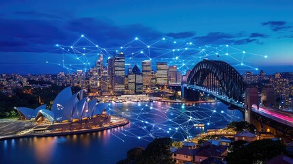 Fototapeta premium Vibrant Night Scene of Sydney with Digital Connectivity Overlay