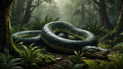 Obraz premium Huge Prehistoric Snake Lurks in Lush Jungle
