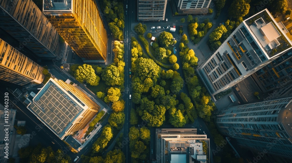 Poster aerial view of a vibrant city showcasing modern skyscrapers surrounded by lush green trees. the blen