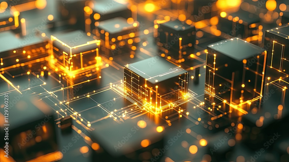 Poster abstract technology background with glowing digital cubes and lines