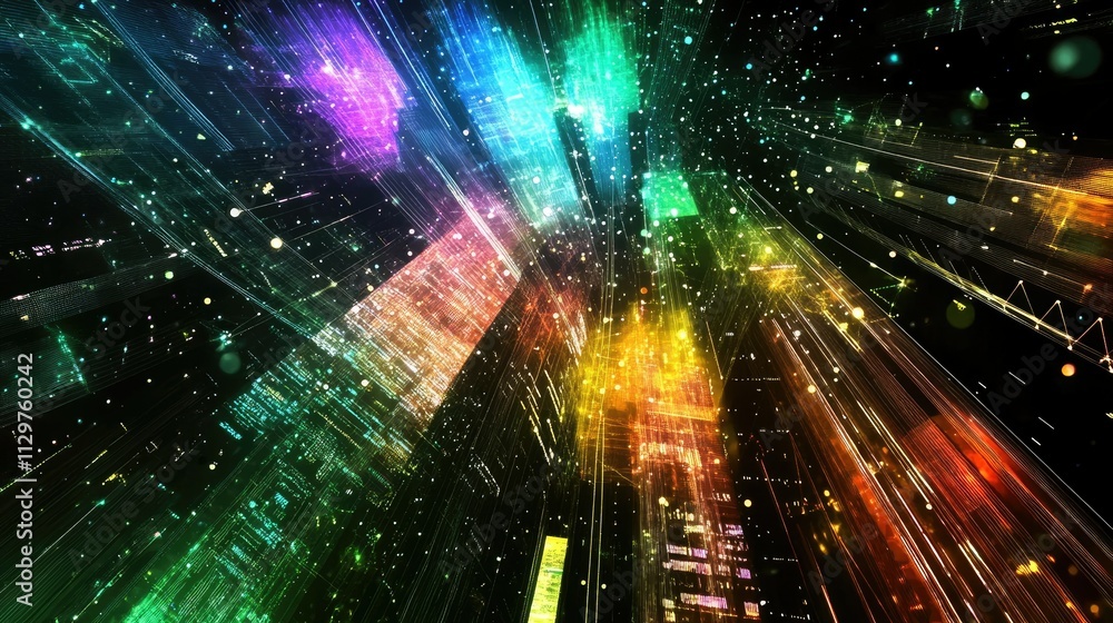 Poster colorful light rays exploding through space with digital vibes