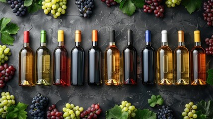 Flat lay of various wine bottles surrounded by grapes.
