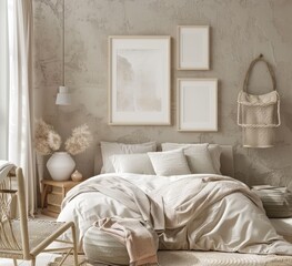 A minimalist bedroom with a beige and white color scheme The room features a large bed with white linens. a wooden nightstand with a vase of dried flowers. and three framed pictures hanging on the wal