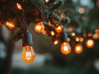 Warm Edison Bulbs Illuminate Festive Evergreen Branches