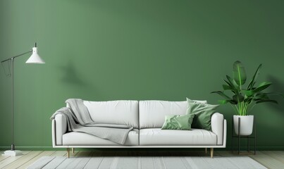 Minimalist living room with a white sofa. green wall. and a potted plant