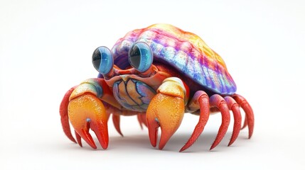 Adorable 3D hermit crab with a colorful shell and big eyes, crawling underwater, on white