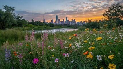 Beautiful Wildflowers with City Skyline at Sunset in Urban Park
