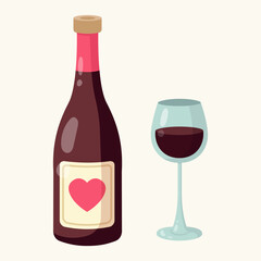 Red wine bottle and glass. Happy Valentines day. Hand drawn. Vector illustration in flat style