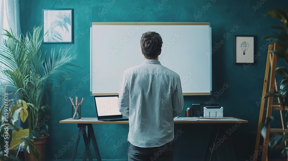 Poster professional workspace with empty whiteboard and laptop setup