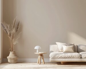Minimalist living room with a white sofa. wooden table. a lamp and beige wall