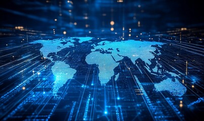 Global network connection, digital world map.