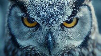 Close-up of snowy owl's intense gaze.