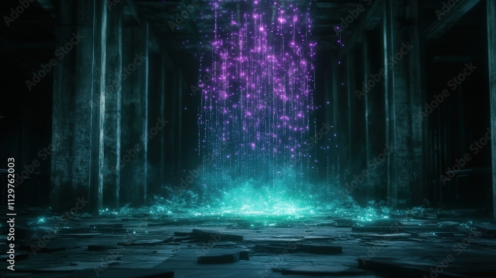 Poster a mystical, illuminated scene featuring cascading lights in a dark, abandoned space, creating an eth