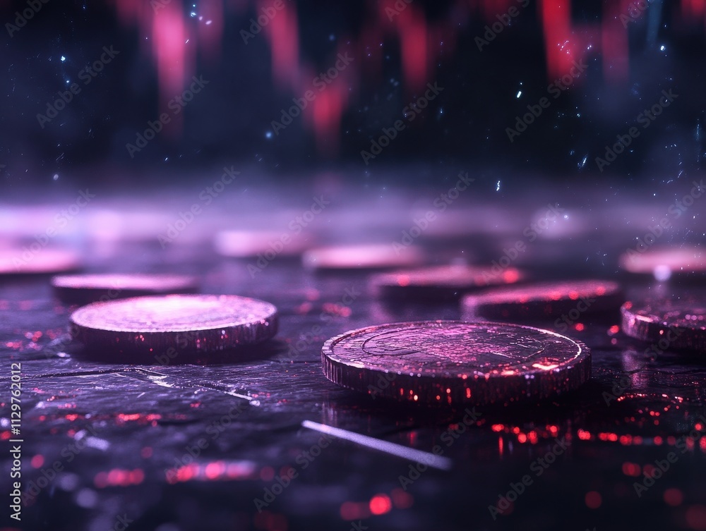 Aufkleber a close-up view of shiny coins scattered on a dark surface, with a blurred background displaying vib