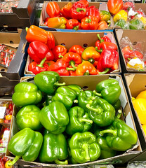 Red and Green peppers for sale at a garden market