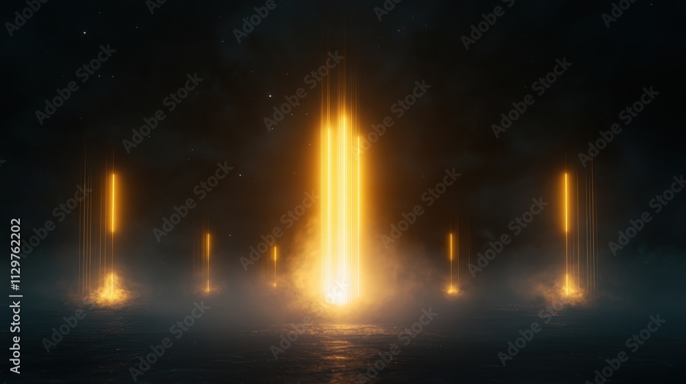 Poster a captivating display of glowing vertical beams emerging from a dark environment, creating an ethere