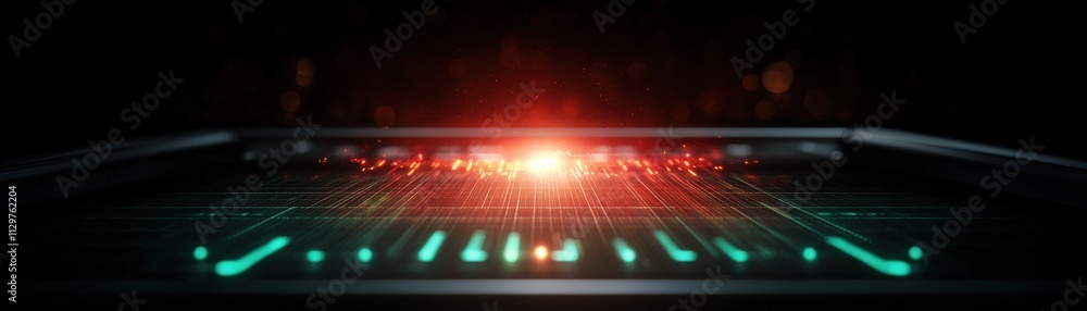 Poster a vibrant, illuminated interface with glowing elements, suggesting advanced technology and digital i