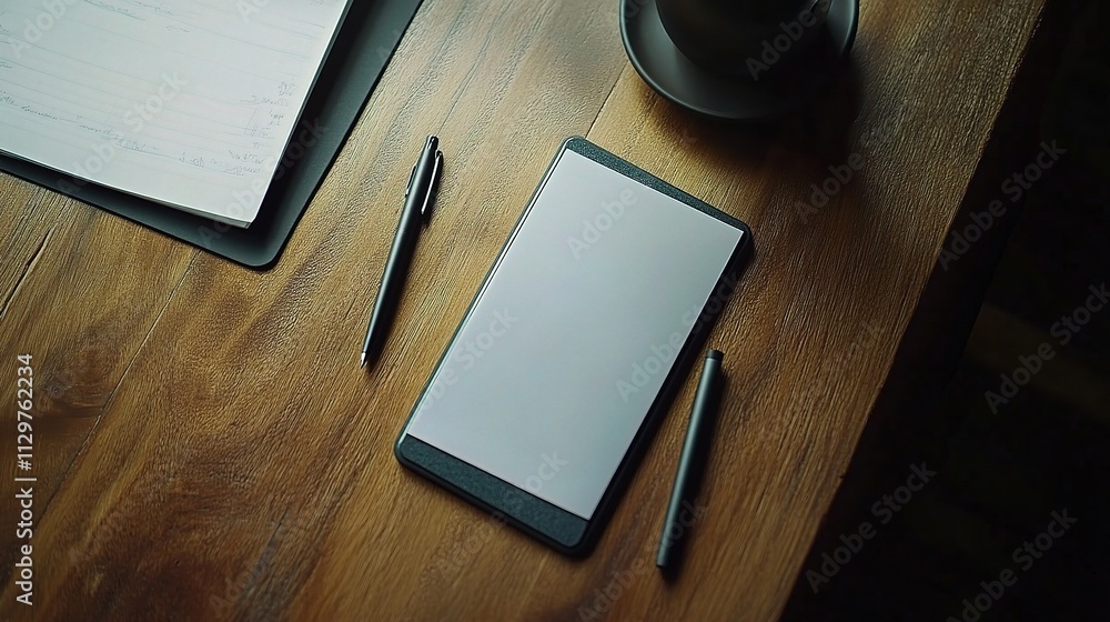 Poster minimalist workspace setup with pen paper and smartphone on desk