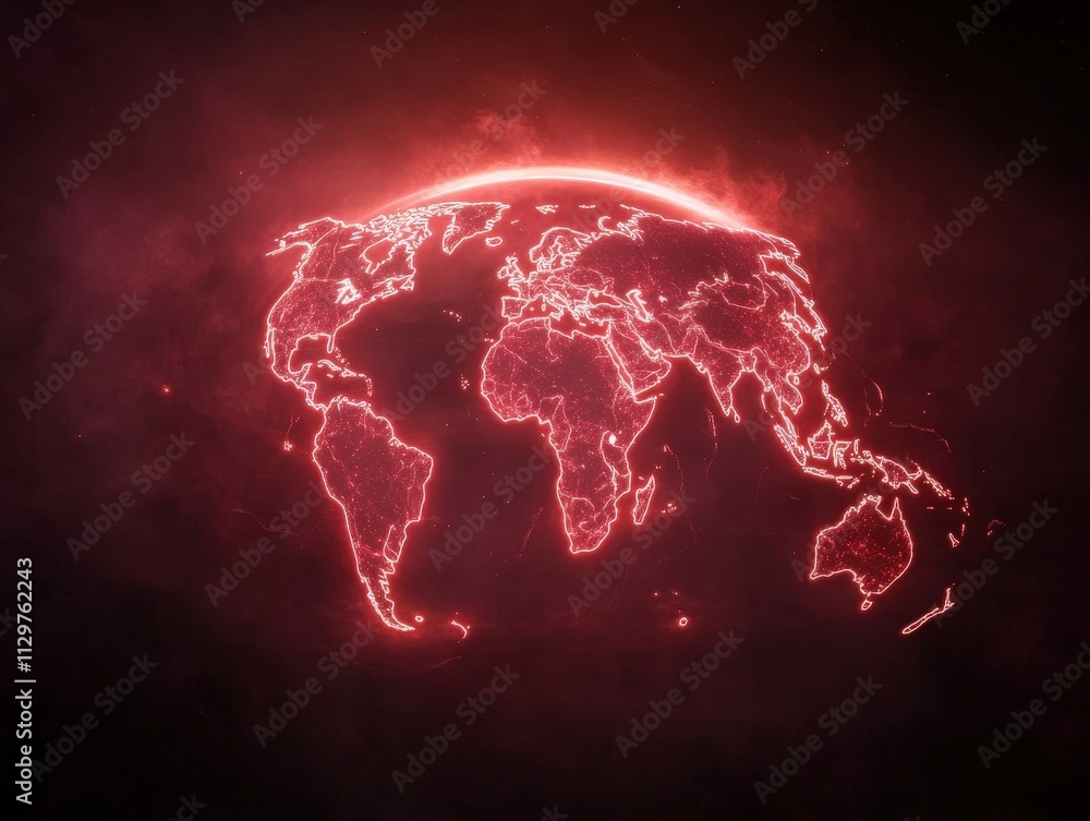 Poster a glowing red outline of the world map against a dark background, creating a striking visual of glob