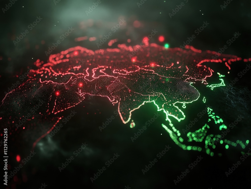Aufkleber a digital map of asia illuminated with red and green lights, creating a vibrant and futuristic visua