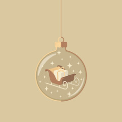 Minimalistyczny wzór bożonarodzeniowej kartki z saniami Świętego Mikołaja z prezentem i małymi gwiazdkami w nowoczesnym i eleganckim stylu. © Monika