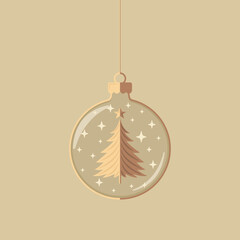 Minimalistyczny wzór bożonarodzeniowej kartki ze złotą choinką i małymi gwiazdkami w nowoczesnym i eleganckim stylu. © Monika