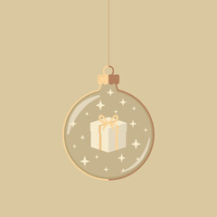 Minimalistyczny wzór bożonarodzeniowej kartki z prezentem przewiązanym wstążką i małymi gwiazdkami w nowoczesnym i eleganckim stylu. © Monika