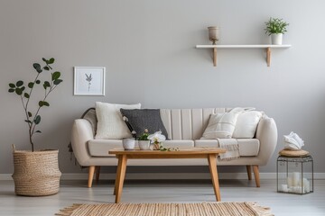 Minimalist living room interior with beige sofa. wooden coffee table. potted plant. and rug