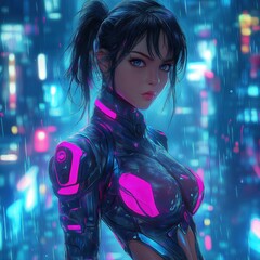 Anime girl cyberpunk warrior. Futuristic tech suit. Rainstorm city. Cool fashion aesthetic. Strong serious expression. Night time. Digital art. Stylish girl in futuristic armor. Bright neon. Rain.