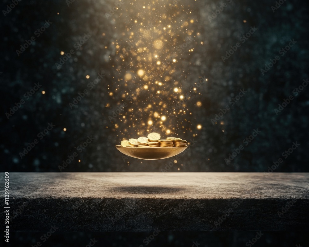 Poster a glowing bowl of coins hovers above a dark surface, surrounded by sparkling particles, creating a m