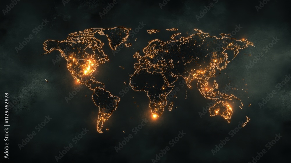 Aufkleber a glowing world map representing data points or connectivity, illuminated by warm lights against a d