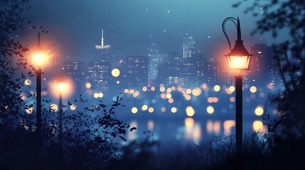 Blurred Cityscape at Night with Streetlights and Urban Backdrop