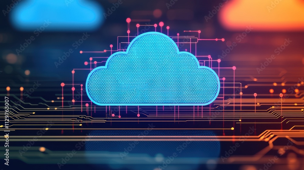 Poster a digital illustration of a blue cloud with circuit patterns, symbolizing cloud computing and data s