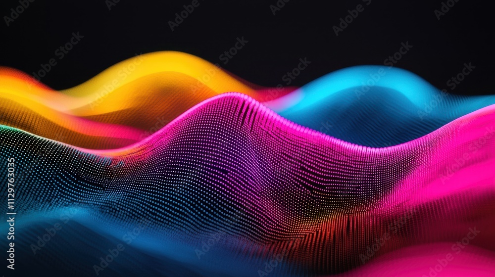 Poster a vibrant wave of colorful light and digital patterns flows seamlessly, creating a captivating visua