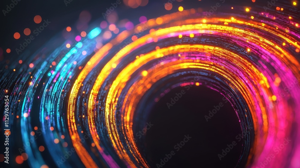 Poster a vibrant, abstract swirl of colorful lights against a dark background, creating a dynamic and mesme