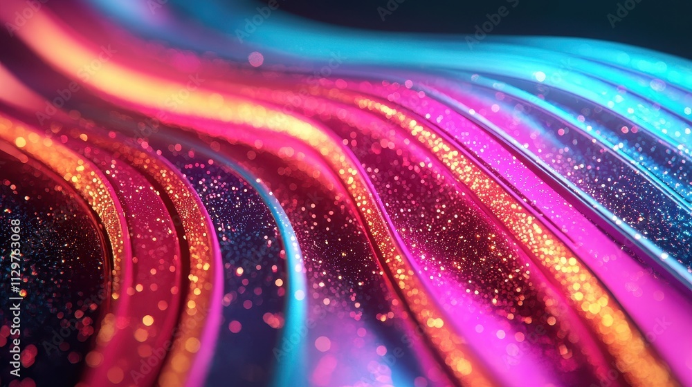 Poster a vibrant wave of colorful lights and shimmering particles, creating an abstract and dynamic visual 