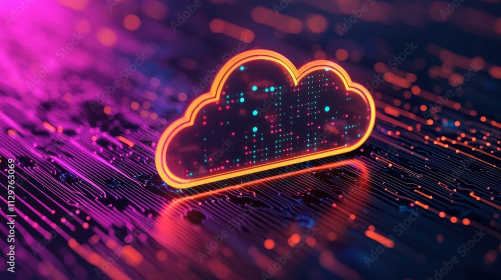 Poster a vibrant digital cloud symbol against a colorful, abstract background, representing cloud computing