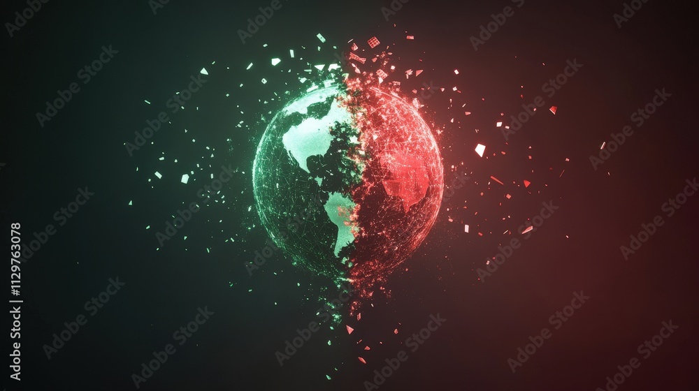 Poster a digital globe split into green and red halves, symbolizing division and unity, surrounded by parti