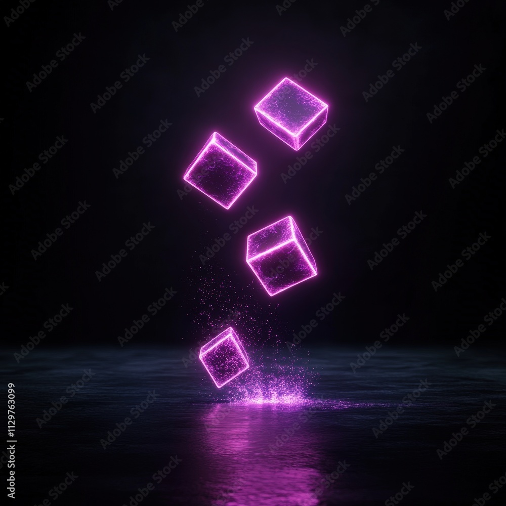 Poster a captivating visual of glowing pink cubes suspended above a reflective surface, creating a mesmeriz